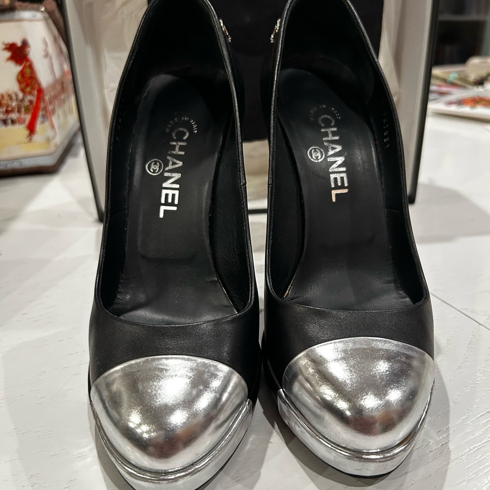 CHANEL Black and Silver Heels with Platform and High Heel